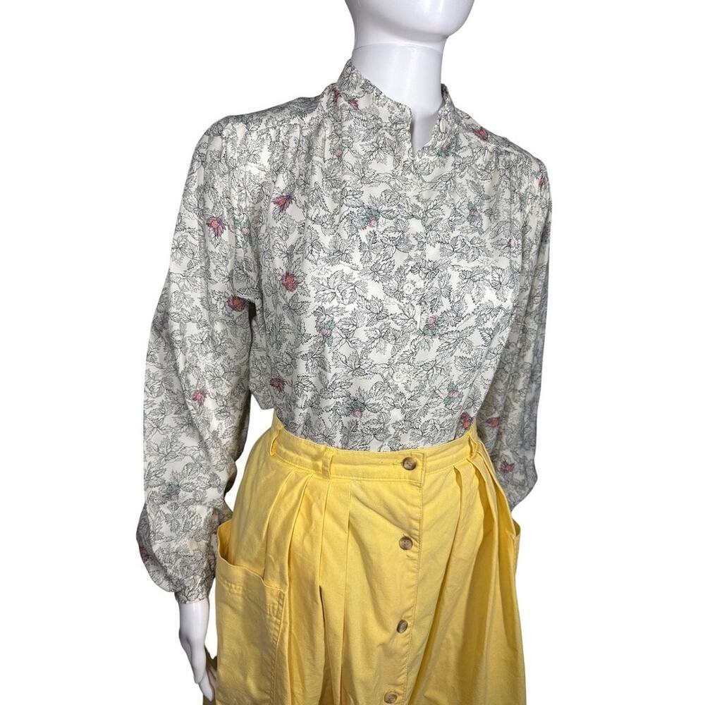 Vintage 80s Jo Matthews Ditsy Patterned Bishop Sleeve Cream Blouse Small / Med